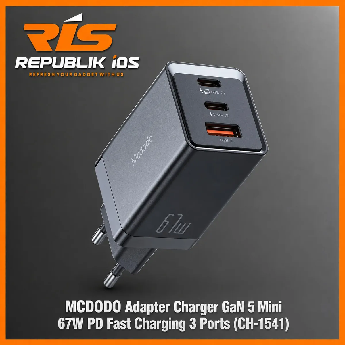 MCDODO Adapter Charger GaN 5 Mini 67W PD Fast Charging 3 Ports Black