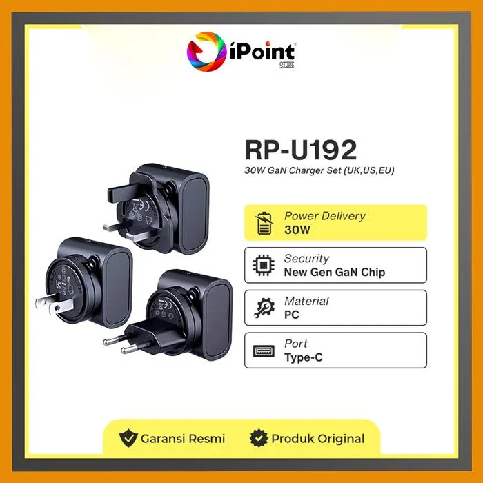 REMAX 30W Type C GaN Travel Charger ( Bisa diganti-ganti 3 adapter EU+US+UK ) Fast Charger, small size, compact design, 1 charger bisa dipakai di berbagai negara