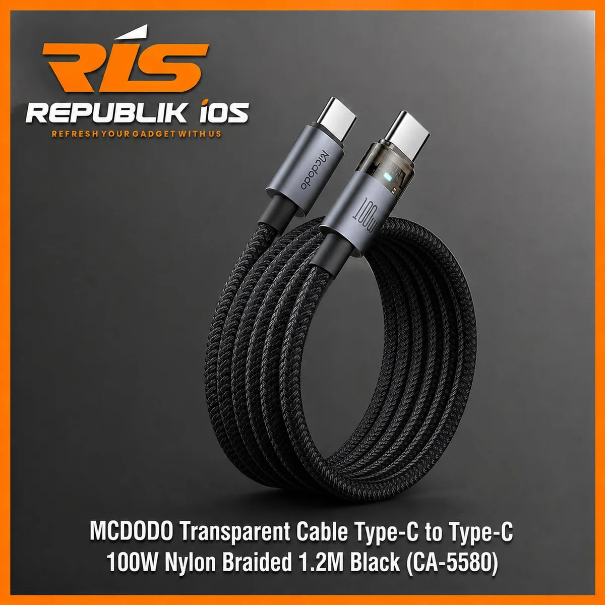 MCDODO Transparent Cable Type-C to Type-C 100W Nylon Braided Super Fast Charging 1.2M Black