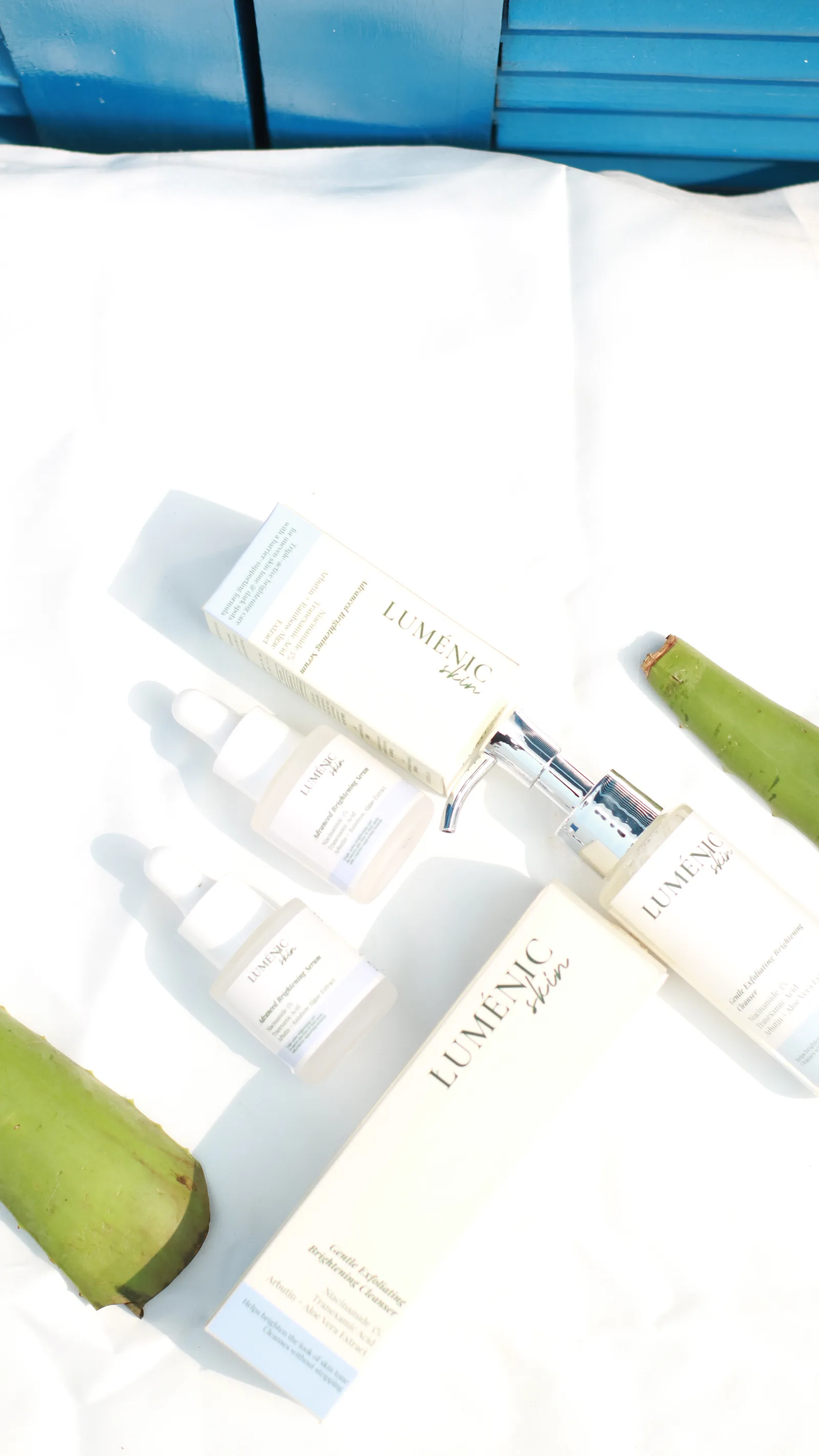 Lumenic Skin flat lay with aloe vera
