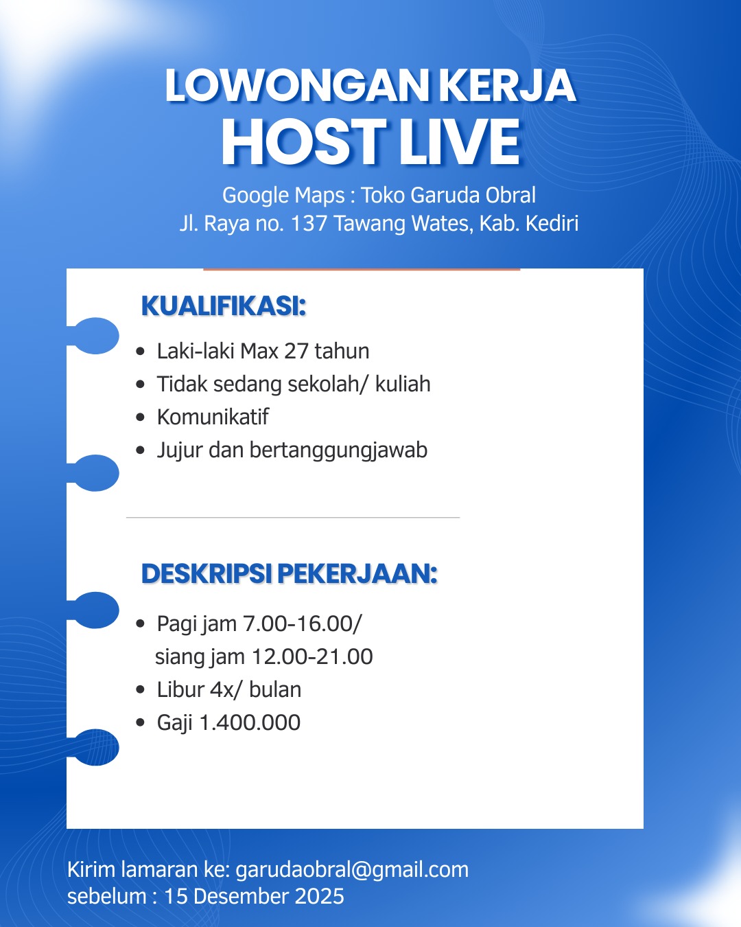 Loker Host Live Streaming Kediri: Gaji 1,4 Juta di Garuda Obral!