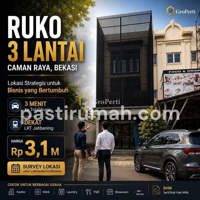 Ruko 3 Lantai Strategis Di Caman Raya, 3 Menit Ke Tol Cikunir & LRT