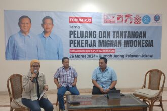 Forum Rumah Juang Relawan Jokowi (RJ2) menggelar diskusi dengan tema Peluang dan Tantangan Pekerja Migran Indonesia di Kantor RJ2 di Jln Kemang Selatan Jakarta, Pada Selasa (26/3/24).