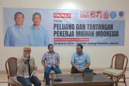 Forum Rumah Juang Relawan Jokowi (RJ2) menggelar diskusi dengan tema Peluang dan Tantangan Pekerja Migran Indonesia di Kantor RJ2 di Jln Kemang Selatan Jakarta, Pada Selasa (26/3/24).