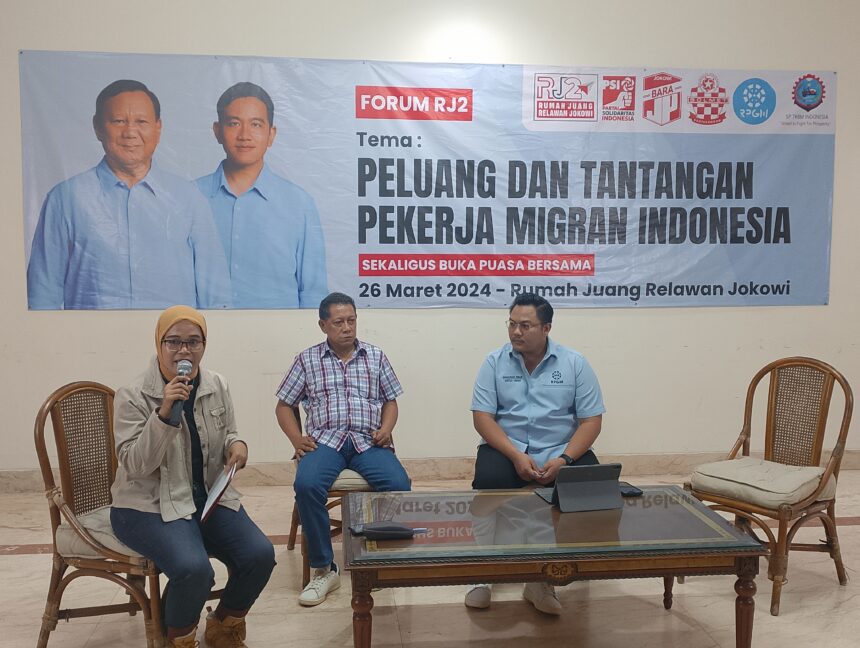 Forum Rumah Juang Relawan Jokowi (RJ2) menggelar diskusi dengan tema Peluang dan Tantangan Pekerja Migran Indonesia di Kantor RJ2 di Jln Kemang Selatan Jakarta, Pada Selasa (26/3/24).