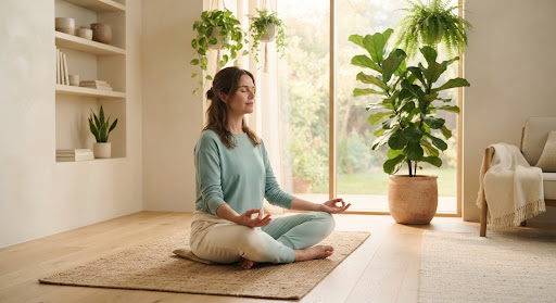 A portrait of a serene individual meditating in a minimalist, modern room filled with soft sunlight and lush green plants.