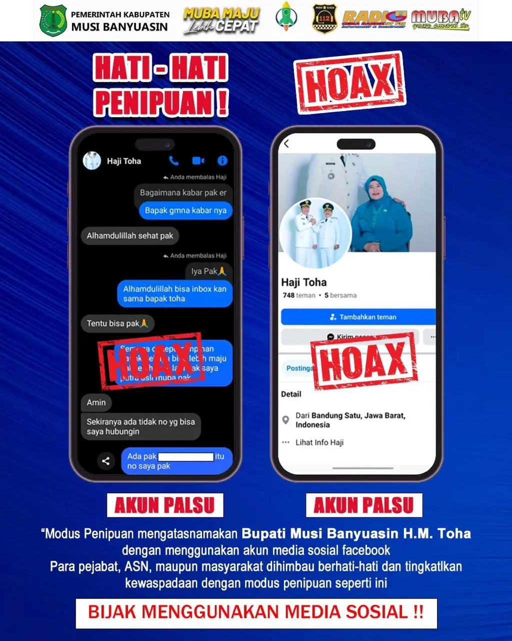 WASPADA PENIPUAN! Akun Facebook An “Haji Toha” Gunakan Foto Bupati Muba, Dipastikan Palsu Alias Akun HOAX