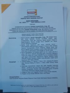 Hendri Ditunjuk Plt Ketua DPD Hanura Sumsel