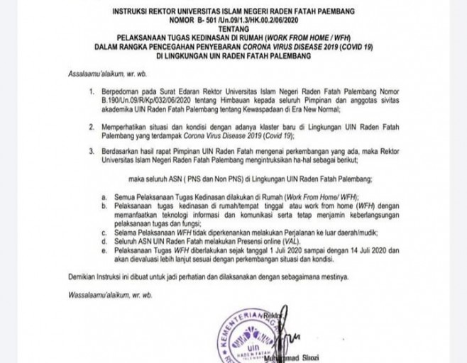 Mulai Besok Kampus UIN RF Palembang WFH Selama 14 Hari